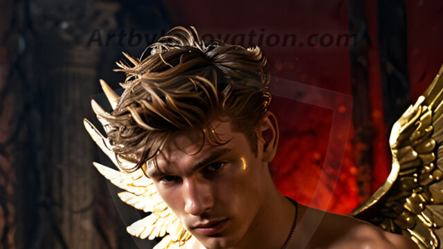 A photograph of a handsome golden male angel. With huge vibrate golden feathered wings, with golden radiant light rays, golden halo lighting, reflecting light in a mesmerizing way. He is stunningly handsome, beautiful, amidst a background of a chaos and destruction.