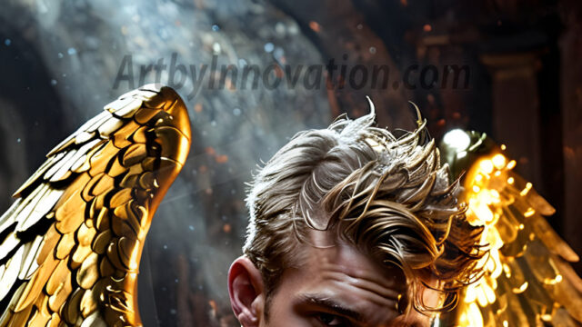 A photograph of a handsome golden male angel. With huge vibrate golden feathered wings, with golden radiant light rays, golden halo lighting, reflecting light in a mesmerizing way. He is stunningly handsome, beautiful, amidst a background of a chaos and destruction.
