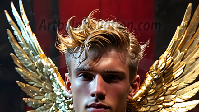 A photograph of a handsome golden male angel. With huge vibrate golden feathered wings, with golden radiant light rays, golden halo lighting, reflecting light in a mesmerizing way. He is stunningly handsome, beautiful, amidst a background of a chaos and destruction.