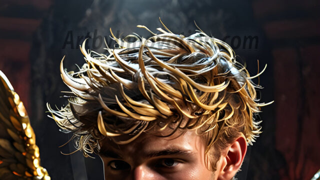 A photograph of a handsome golden male angel. With huge vibrate golden feathered wings, with golden radiant light rays, golden halo lighting, reflecting light in a mesmerizing way. He is stunningly handsome, beautiful, amidst a background of a chaos and destruction.