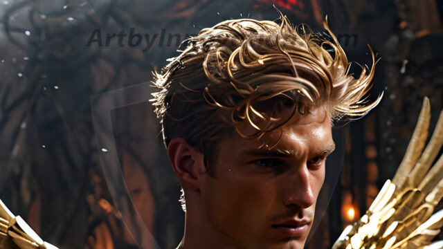 A photograph of a handsome golden male angel. With huge vibrate golden feathered wings, with golden radiant light rays, golden halo lighting, reflecting light in a mesmerizing way. He is stunningly handsome, beautiful, amidst a background of a chaos and destruction.