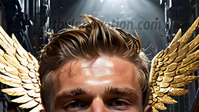 A photograph of a handsome golden male angel. With huge vibrate golden feathered wings, with golden radiant light rays, golden halo lighting, reflecting light in a mesmerizing way. He is stunningly handsome, beautiful, amidst a background of a chaos and destruction.