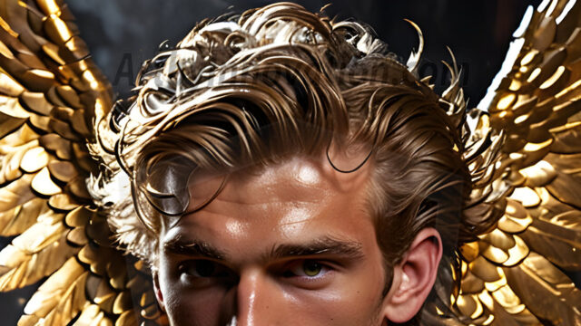 A photograph of a handsome golden male angel. With huge vibrate golden feathered wings, with golden radiant light rays, golden halo lighting, reflecting light in a mesmerizing way. He is stunningly handsome, beautiful, amidst a background of a chaos and destruction.