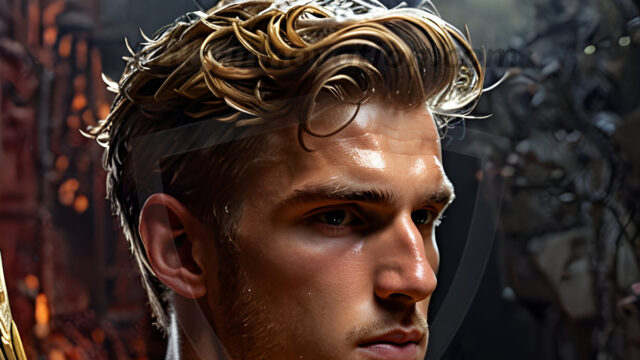 A photograph of a handsome golden male angel. With huge vibrate golden feathered wings, with golden radiant light rays, golden halo lighting, reflecting light in a mesmerizing way. He is stunningly handsome, beautiful, amidst a background of a chaos and destruction.