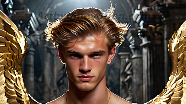 A photograph of a handsome golden male angel. With huge vibrate golden feathered wings, with golden radiant light rays, golden halo lighting, reflecting light in a mesmerizing way. He is stunningly handsome, beautiful, amidst a background of a chaos and destruction.