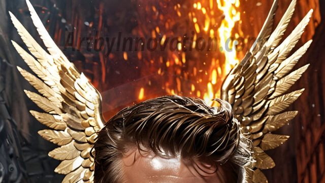 A photograph of a handsome golden male angel. With huge vibrate golden feathered wings, with golden radiant light rays, golden halo lighting, reflecting light in a mesmerizing way. He is stunningly handsome, beautiful, amidst a background of a chaos and destruction.