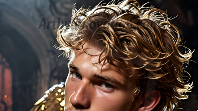 A photograph of a handsome golden male angel. With huge vibrate golden feathered wings, with golden radiant light rays, golden halo lighting, reflecting light in a mesmerizing way. He is stunningly handsome, beautiful, amidst a background of a chaos and destruction.