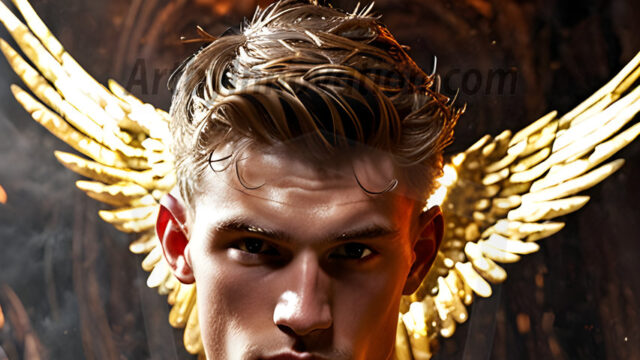 A photograph of a handsome golden male angel. With huge vibrate golden feathered wings, with golden radiant light rays, golden halo lighting, reflecting light in a mesmerizing way. He is stunningly handsome, beautiful, amidst a background of a chaos and destruction.