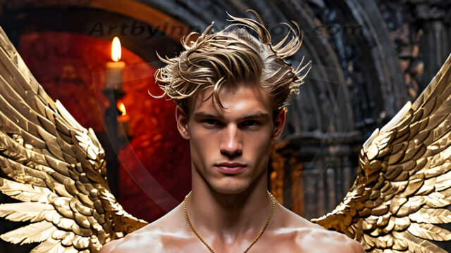 A photograph of a handsome golden male angel. With huge vibrate golden feathered wings, with golden radiant light rays, golden halo lighting, reflecting light in a mesmerizing way. He is stunningly handsome, beautiful, amidst a background of a chaos and destruction.