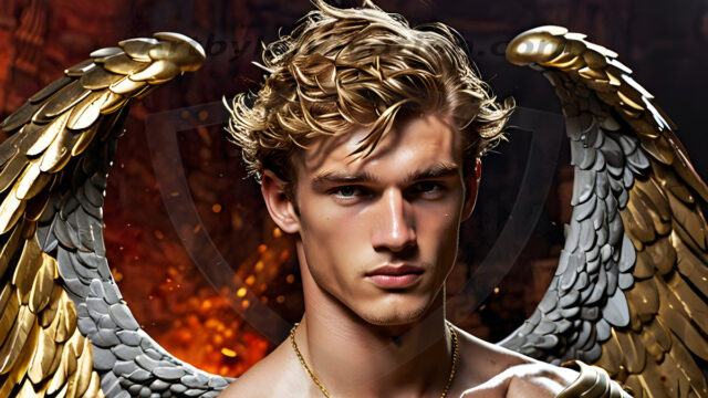 A photograph of a handsome golden male angel. With huge vibrate golden feathered wings, with golden radiant light rays, golden halo lighting, reflecting light in a mesmerizing way. He is stunningly handsome, beautiful, amidst a background of a chaos and destruction.