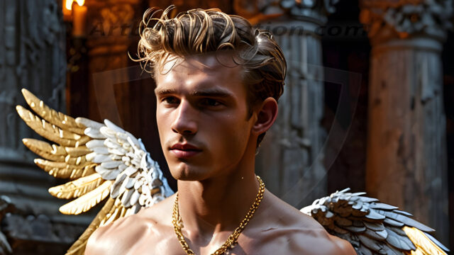 A photograph of a handsome golden male angel. With huge vibrate golden feathered wings, with golden radiant light rays, golden halo lighting, reflecting light in a mesmerizing way. He is stunningly handsome, beautiful, amidst a background of a chaos and destruction.