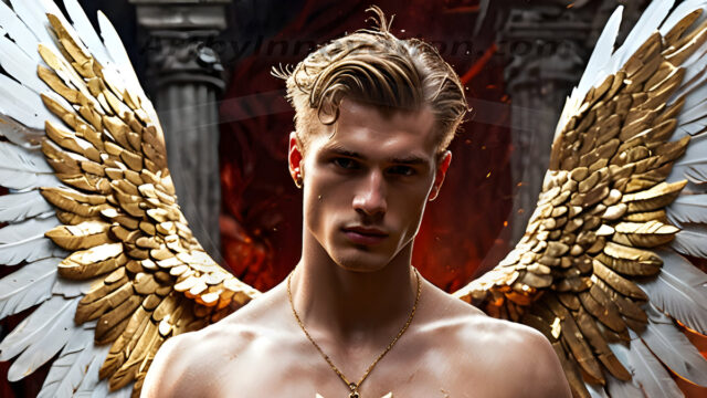 A photograph of a handsome golden male angel. With huge vibrate golden feathered wings, with golden radiant light rays, golden halo lighting, reflecting light in a mesmerizing way. He is stunningly handsome, beautiful, amidst a background of a chaos and destruction.
