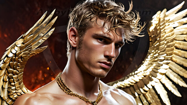 A photograph of a handsome golden male angel. With huge vibrate golden feathered wings, with golden radiant light rays, golden halo lighting, reflecting light in a mesmerizing way. He is stunningly handsome, beautiful, amidst a background of a chaos and destruction.
