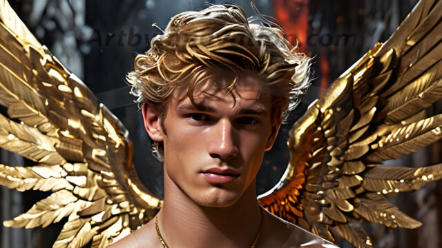 A photograph of a handsome golden male angel. With huge vibrate golden feathered wings, with golden radiant light rays, golden halo lighting, reflecting light in a mesmerizing way. He is stunningly handsome, beautiful, amidst a background of a chaos and destruction.