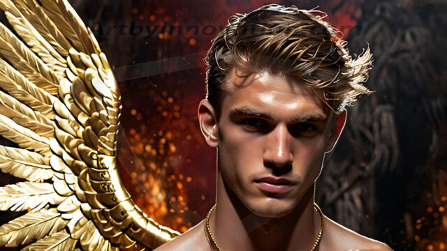 A photograph of a handsome golden male angel. With huge vibrate golden feathered wings, with golden radiant light rays, golden halo lighting, reflecting light in a mesmerizing way. He is stunningly handsome, beautiful, amidst a background of a chaos and destruction.