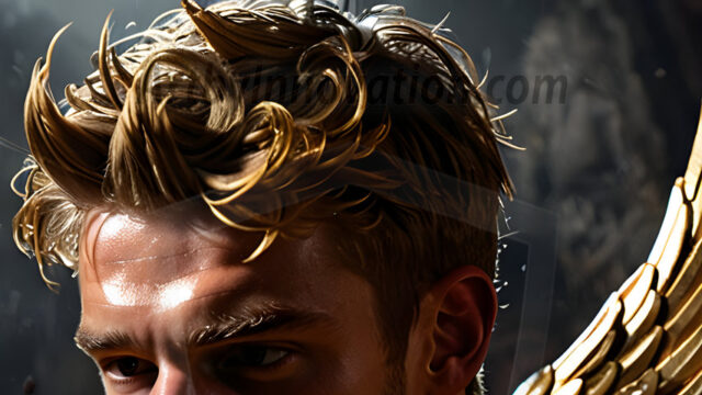 A photograph of a handsome golden male angel. With huge vibrate golden feathered wings, with golden radiant light rays, golden halo lighting, reflecting light in a mesmerizing way. He is stunningly handsome, beautiful, amidst a background of a chaos and destruction.