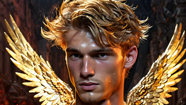 A photograph of a handsome golden male angel. With huge vibrate golden feathered wings, with golden radiant light rays, golden halo lighting, reflecting light in a mesmerizing way. He is stunningly handsome, beautiful, amidst a background of a chaos and destruction.