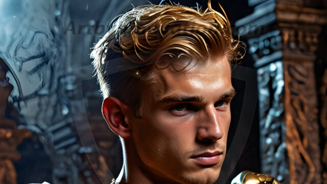 A photograph of a handsome golden male angel. With huge vibrate golden feathered wings, with golden radiant light rays, golden halo lighting, reflecting light in a mesmerizing way. He is stunningly handsome, beautiful, amidst a background of a chaos and destruction.