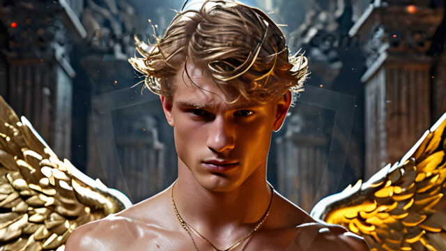 A photograph of a handsome golden male angel. With huge vibrate golden feathered wings, with golden radiant light rays, golden halo lighting, reflecting light in a mesmerizing way. He is stunningly handsome, beautiful, amidst a background of a chaos and destruction.