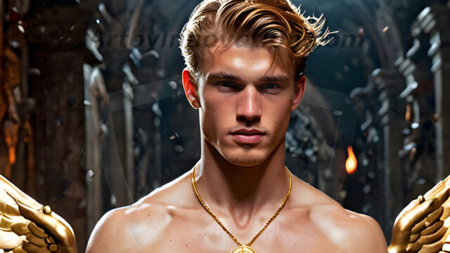 A photograph of a handsome golden male angel. With huge vibrate golden feathered wings, with golden radiant light rays, golden halo lighting, reflecting light in a mesmerizing way. He is stunningly handsome, beautiful, amidst a background of a chaos and destruction.