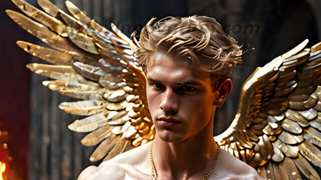 A photograph of a handsome golden male angel. With huge vibrate golden feathered wings, with golden radiant light rays, golden halo lighting, reflecting light in a mesmerizing way. He is stunningly handsome, beautiful, amidst a background of a chaos and destruction.
