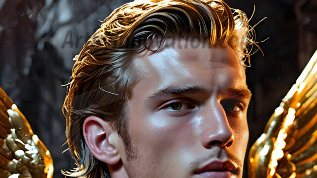 A photograph of a handsome golden male angel. With huge vibrate golden feathered wings, with golden radiant light rays, golden halo lighting, reflecting light in a mesmerizing way. He is stunningly handsome, beautiful, amidst a background of a chaos and destruction.