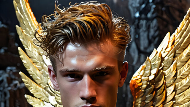 A photograph of a handsome golden male angel. With huge vibrate golden feathered wings, with golden radiant light rays, golden halo lighting, reflecting light in a mesmerizing way. He is stunningly handsome, beautiful, amidst a background of a chaos and destruction.