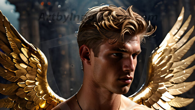 A photograph of a handsome golden male angel. With huge vibrate golden feathered wings, with golden radiant light rays, golden halo lighting, reflecting light in a mesmerizing way. He is stunningly handsome, beautiful, amidst a background of a chaos and destruction.