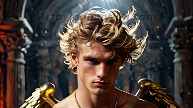 A photograph of a handsome golden male angel. With huge vibrate golden feathered wings, with golden radiant light rays, golden halo lighting, reflecting light in a mesmerizing way. He is stunningly handsome, beautiful, amidst a background of a chaos and destruction.