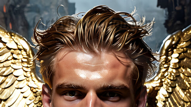 A photograph of a handsome golden male angel. With huge vibrate golden feathered wings, with golden radiant light rays, golden halo lighting, reflecting light in a mesmerizing way. He is stunningly handsome, beautiful, amidst a background of a chaos and destruction.