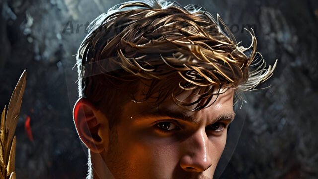 A photograph of a handsome golden male angel. With huge vibrate golden feathered wings, with golden radiant light rays, golden halo lighting, reflecting light in a mesmerizing way. He is stunningly handsome, beautiful, amidst a background of a chaos and destruction.