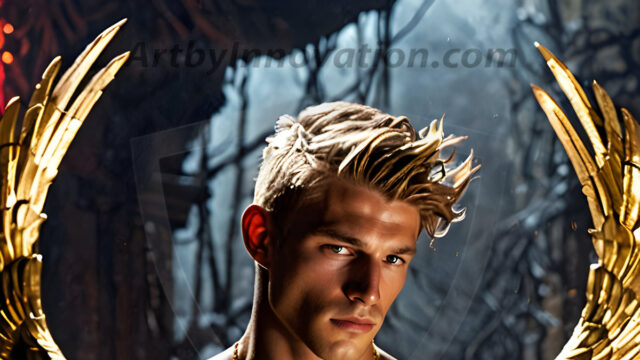 A photograph of a handsome golden male angel. With huge vibrate golden feathered wings, with golden radiant light rays, golden halo lighting, reflecting light in a mesmerizing way. He is stunningly handsome, beautiful, amidst a background of a chaos and destruction.