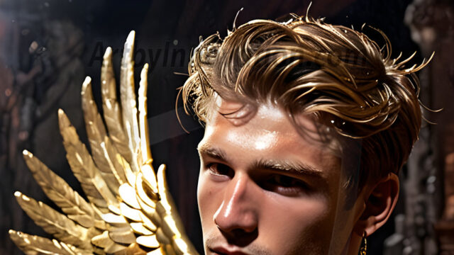 A photograph of a handsome golden male angel. With huge vibrate golden feathered wings, with golden radiant light rays, golden halo lighting, reflecting light in a mesmerizing way. He is stunningly handsome, beautiful, amidst a background of a chaos and destruction.