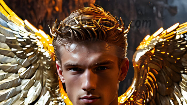 A photograph of a handsome golden male angel. With huge vibrate golden feathered wings, with golden radiant light rays, golden halo lighting, reflecting light in a mesmerizing way. He is stunningly handsome, beautiful, amidst a background of a chaos and destruction.