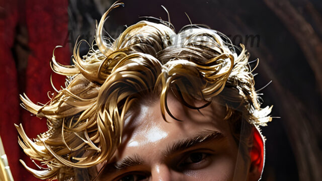 A photograph of a handsome golden male angel. With huge vibrate golden feathered wings, with golden radiant light rays, golden halo lighting, reflecting light in a mesmerizing way. He is stunningly handsome, beautiful, amidst a background of a chaos and destruction.