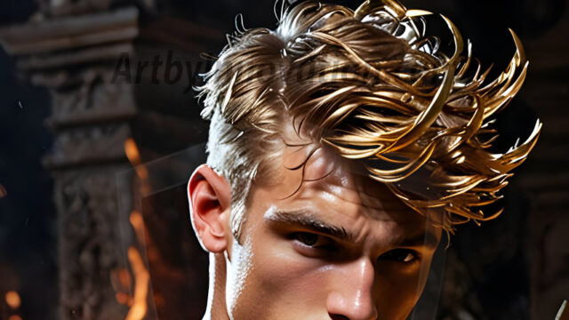 A photograph of a handsome golden male angel. With huge vibrate golden feathered wings, with golden radiant light rays, golden halo lighting, reflecting light in a mesmerizing way. He is stunningly handsome, beautiful, amidst a background of a chaos and destruction.