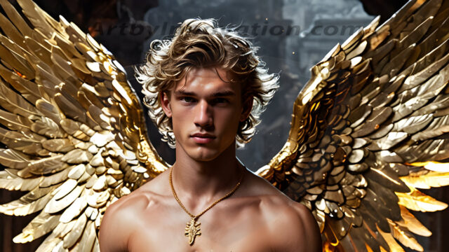 A photograph of a handsome golden male angel. With huge vibrate golden feathered wings, with golden radiant light rays, golden halo lighting, reflecting light in a mesmerizing way. He is stunningly handsome, beautiful, amidst a background of a chaos and destruction.