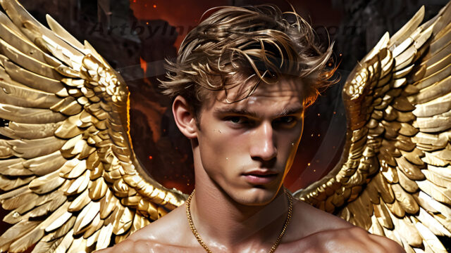 A photograph of a handsome golden male angel. With huge vibrate golden feathered wings, with golden radiant light rays, golden halo lighting, reflecting light in a mesmerizing way. He is stunningly handsome, beautiful, amidst a background of a chaos and destruction.