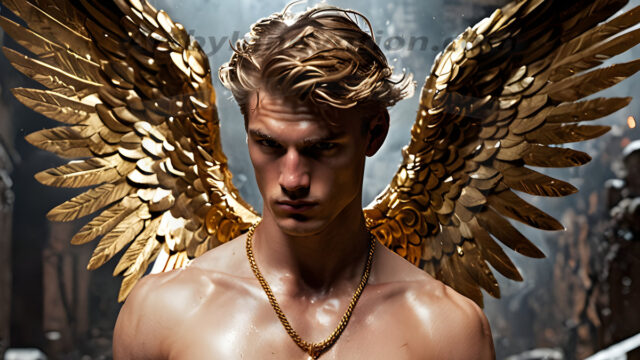 A photograph of a handsome golden male angel. With huge vibrate golden feathered wings, with golden radiant light rays, golden halo lighting, reflecting light in a mesmerizing way. He is stunningly handsome, beautiful, amidst a background of a chaos and destruction.