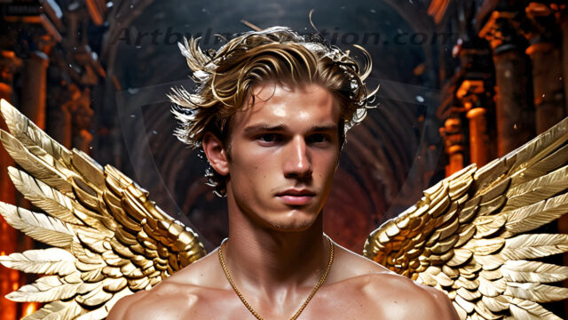 A photograph of a handsome golden male angel. With huge vibrate golden feathered wings, with golden radiant light rays, golden halo lighting, reflecting light in a mesmerizing way. He is stunningly handsome, beautiful, amidst a background of a chaos and destruction.