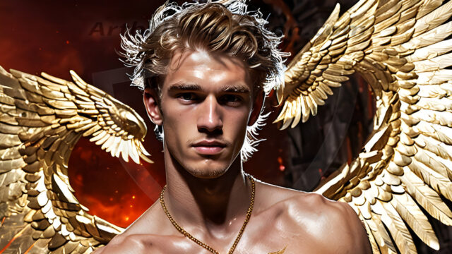 A photograph of a handsome golden male angel. With huge vibrate golden feathered wings, with golden radiant light rays, golden halo lighting, reflecting light in a mesmerizing way. He is stunningly handsome, beautiful, amidst a background of a chaos and destruction.