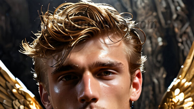 A photograph of a handsome golden male angel. With huge vibrate golden feathered wings, with golden radiant light rays, golden halo lighting, reflecting light in a mesmerizing way. He is stunningly handsome, beautiful, amidst a background of a chaos and destruction.