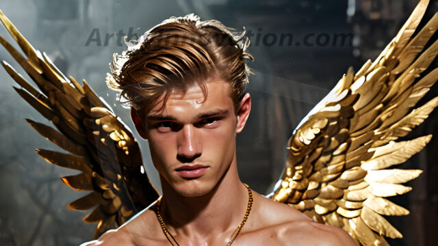 A photograph of a handsome golden male angel. With huge vibrate golden feathered wings, with golden radiant light rays, golden halo lighting, reflecting light in a mesmerizing way. He is stunningly handsome, beautiful, amidst a background of a chaos and destruction.
