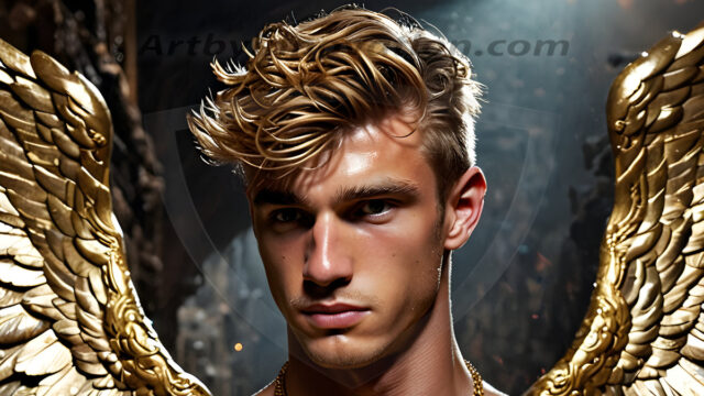 A photograph of a handsome golden male angel. With huge vibrate golden feathered wings, with golden radiant light rays, golden halo lighting, reflecting light in a mesmerizing way. He is stunningly handsome, beautiful, amidst a background of a chaos and destruction.