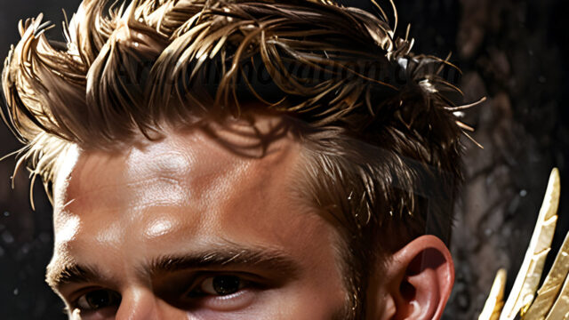 A photograph of a handsome golden male angel. With huge vibrate golden feathered wings, with golden radiant light rays, golden halo lighting, reflecting light in a mesmerizing way. He is stunningly handsome, beautiful, amidst a background of a chaos and destruction.