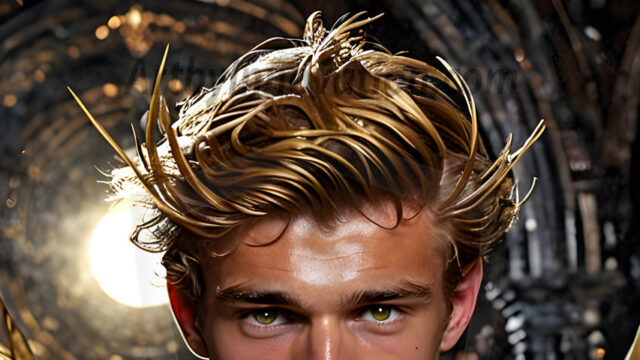 A photograph of a handsome golden male angel. With huge vibrate golden feathered wings, with golden radiant light rays, golden halo lighting, reflecting light in a mesmerizing way. He is stunningly handsome, beautiful, amidst a background of a chaos and destruction.