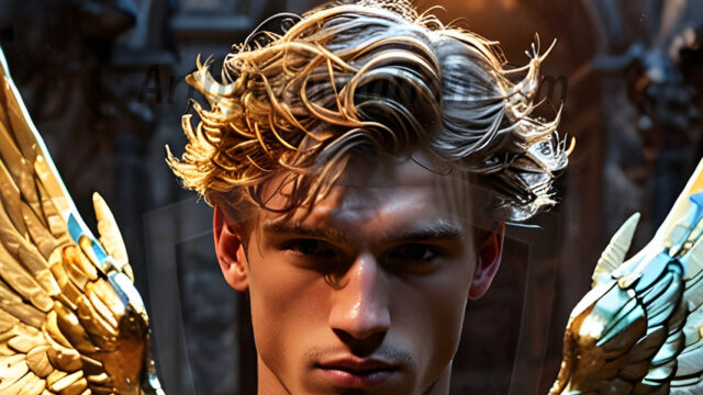 A photograph of a handsome golden male angel. With huge vibrate golden feathered wings, with golden radiant light rays, golden halo lighting, reflecting light in a mesmerizing way. He is stunningly handsome, beautiful, amidst a background of a chaos and destruction.