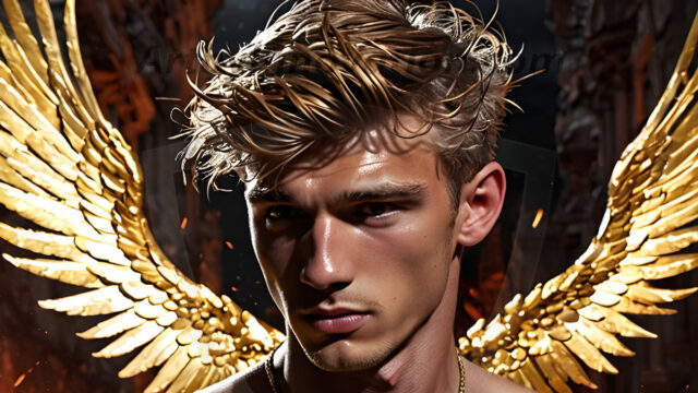 A photograph of a handsome golden male angel. With huge vibrate golden feathered wings, with golden radiant light rays, golden halo lighting, reflecting light in a mesmerizing way. He is stunningly handsome, beautiful, amidst a background of a chaos and destruction.