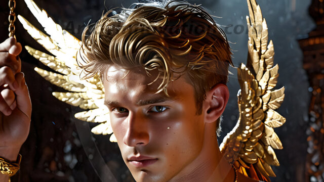 A photograph of a handsome golden male angel. With huge vibrate golden feathered wings, with golden radiant light rays, golden halo lighting, reflecting light in a mesmerizing way. He is stunningly handsome, beautiful, amidst a background of a chaos and destruction.