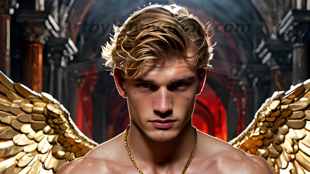 A photograph of a handsome golden male angel. With huge vibrate golden feathered wings, with golden radiant light rays, golden halo lighting, reflecting light in a mesmerizing way. He is stunningly handsome, beautiful, amidst a background of a chaos and destruction.